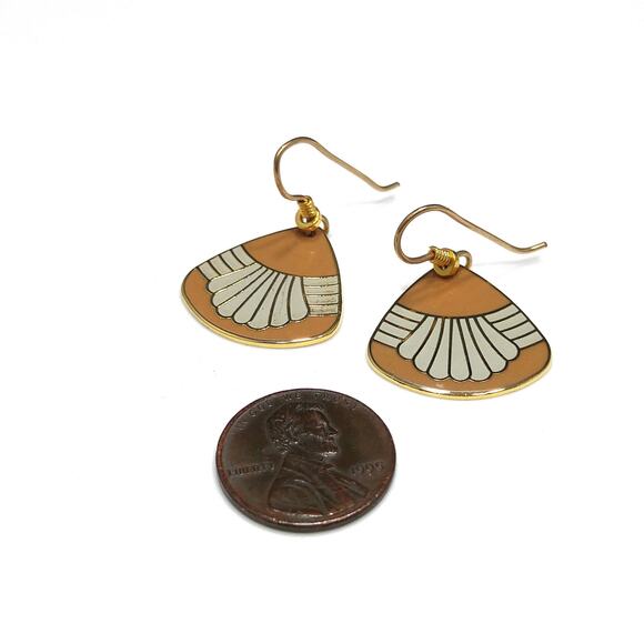 Vintage Laurel Burch Waterfall Earrings, Gold Plated, Beige & Gray Enamel - Picture 5 of 10